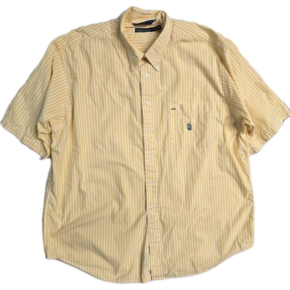 Nautica Vintage Short Sleeve Button Down‎ Shirt XXL Yellow Striped